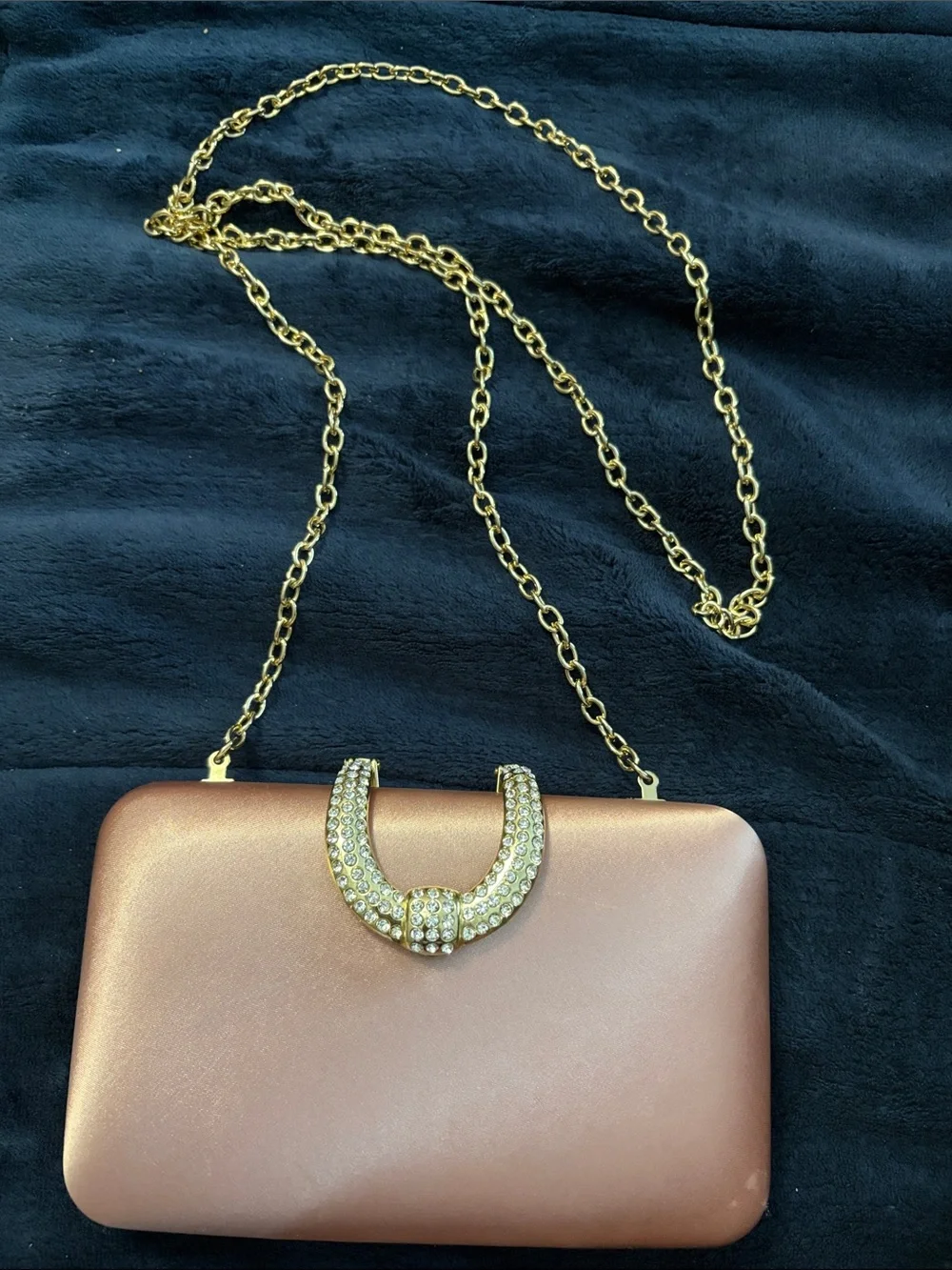 INC Rose Gold Satin Clutch with Crystal Horseshoe Accent
